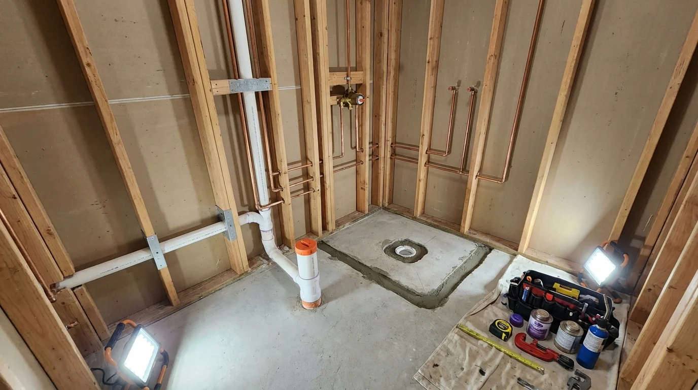 Bathroom rough-in plumbing during remodel by Johns Plumbing LLC in Harker Heights