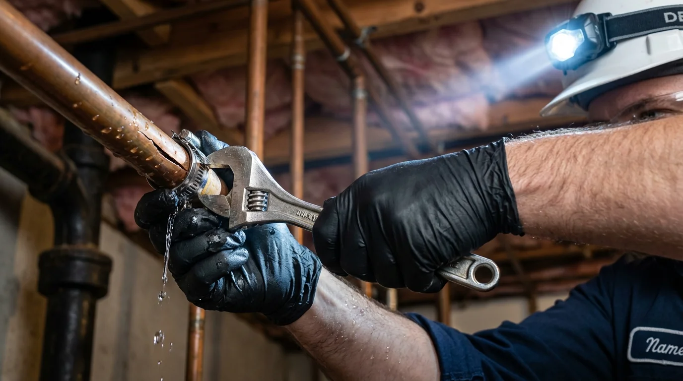 Emergency pipe clamp repair being performed by a Johns Plumbing LLC plumber in Harker Heights