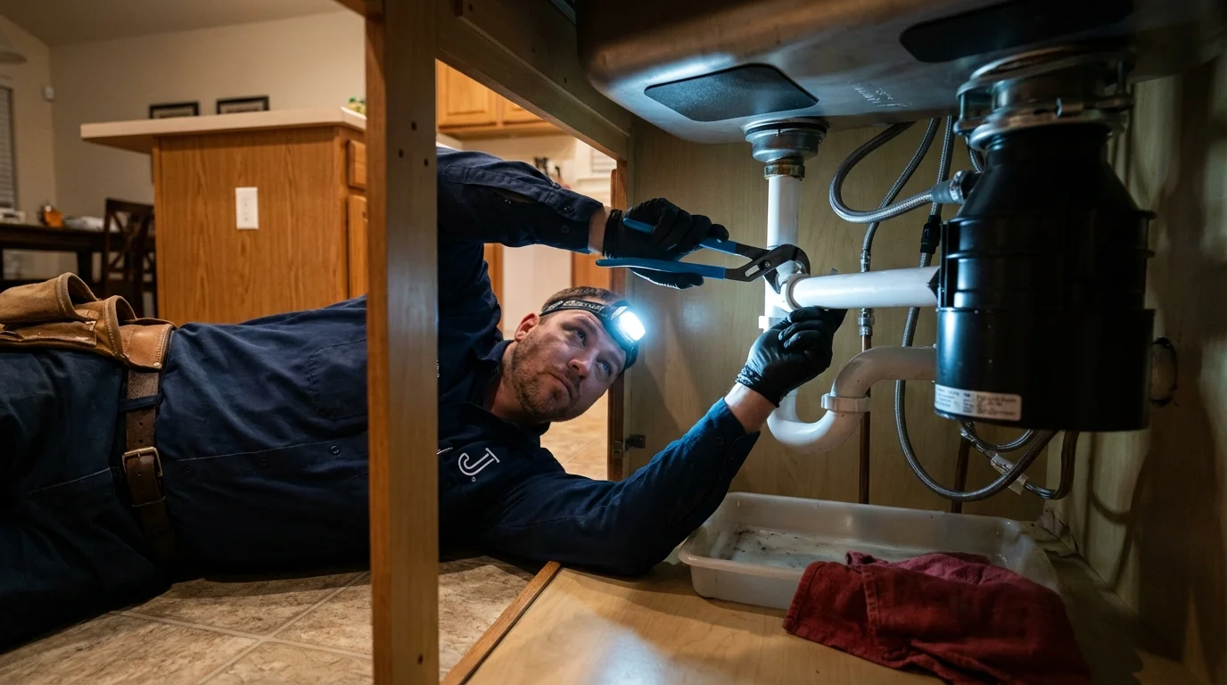 P-trap and supply line connections under a kitchen sink showing a common leak point in Harker Heights, TX